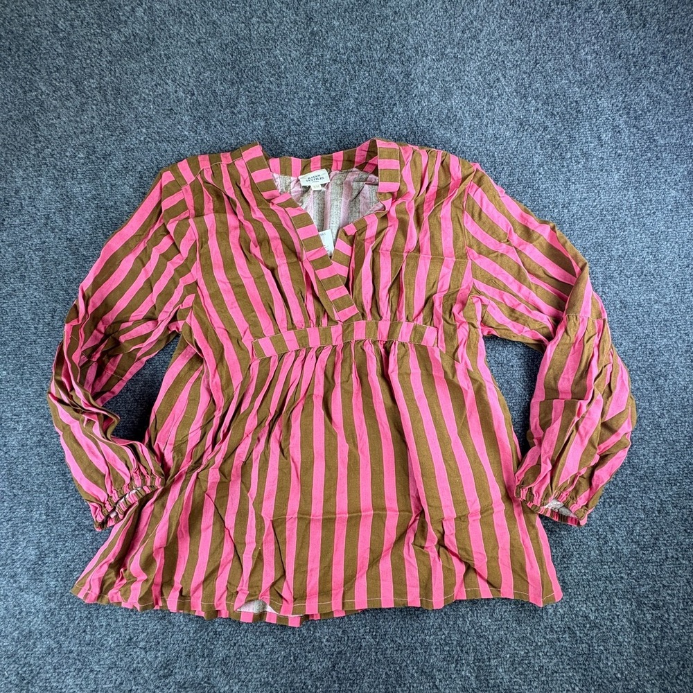 Ratan Textiles Blouse‎ Top Womens S/M Pink Brown Striped Pleated Smocked Back